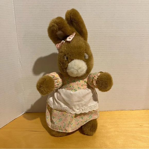 Vintage 1987 Prestige Toy Corp. “Rabbit”Plush Brown Wearing Dress & Pink Bow - Picture 1 of 7